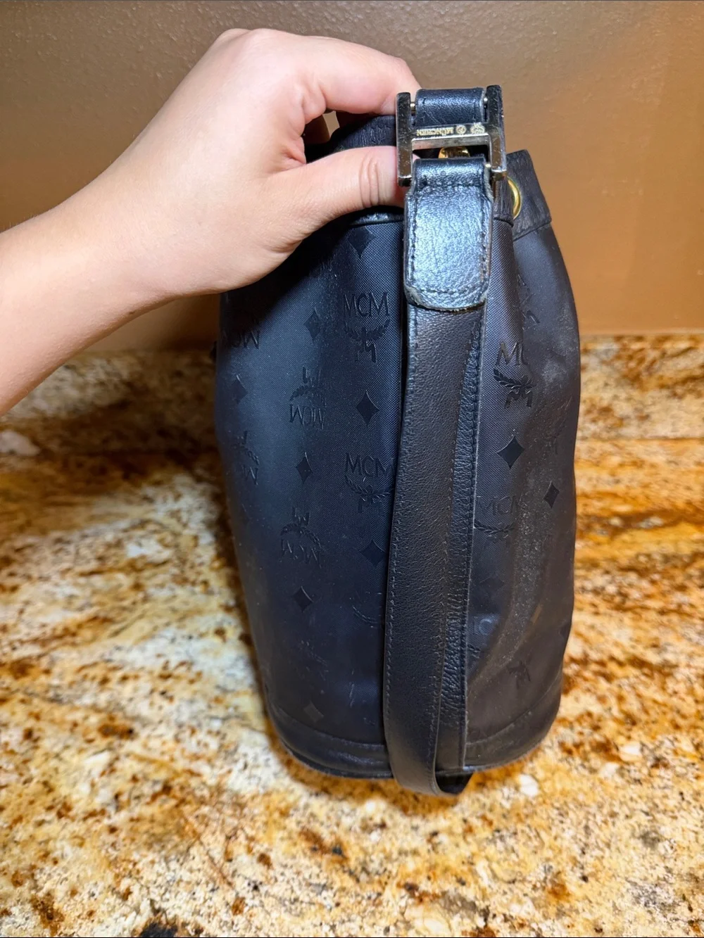 MCM Black Monogram Drawstring Bucket Hobo with Gold Plate